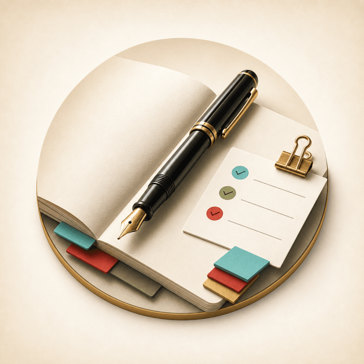 QuickHowTos contributor badge — pen nib and checklist composition